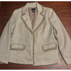 Investments Petites Size 14 Metallic Tweed Fringe Trim Blazer Jacket Cream Gold